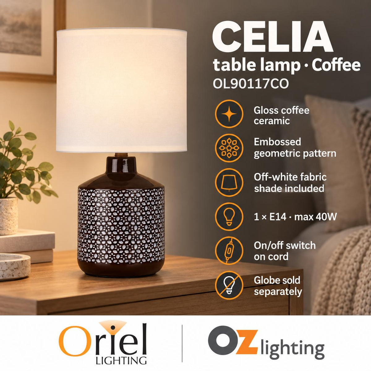 Oriel CELIA Table Lamp - Ceramic-Oriel Lighting-Ozlighting.com.au