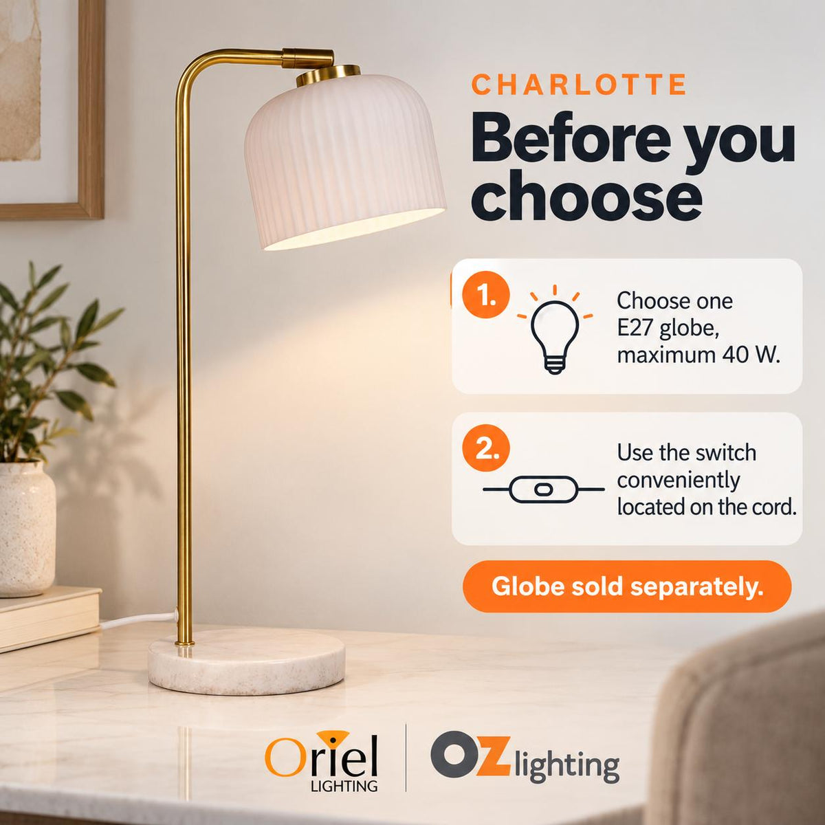 Oriel CHARLOTTE Task Lamp - Glass Decorative-Oriel Lighting-Ozlighting.com.au