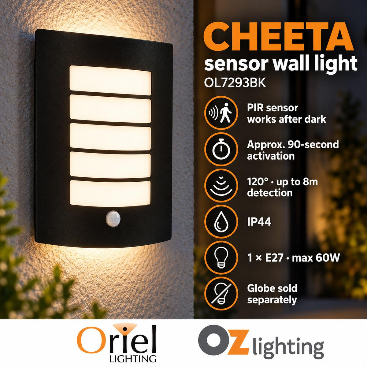 Oriel CHEETA Outdoor Wall Light - with Sensor IP44-Oriel Lighting-Ozlighting.com.au