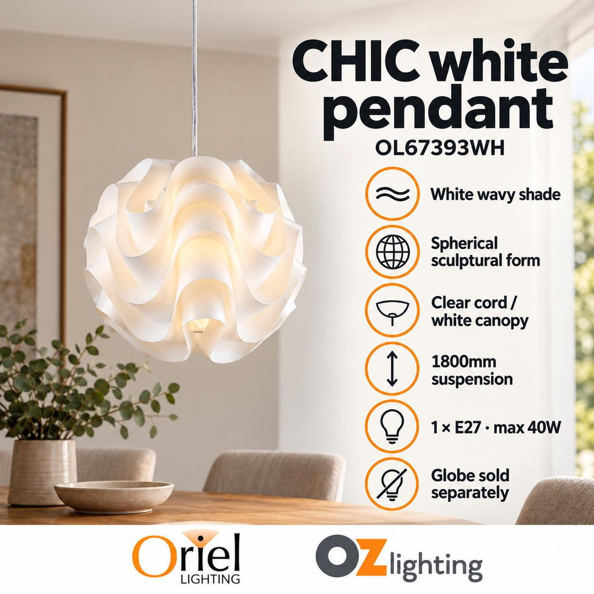 Oriel CHIC Pendant - 1 Light Acrylic Retro-Oriel Lighting-Ozlighting.com.au