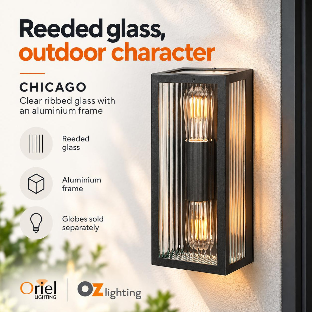Oriel CHICAGO Outdoor Wall Light - Reeded Glass-Oriel Lighting-Ozlighting.com.au