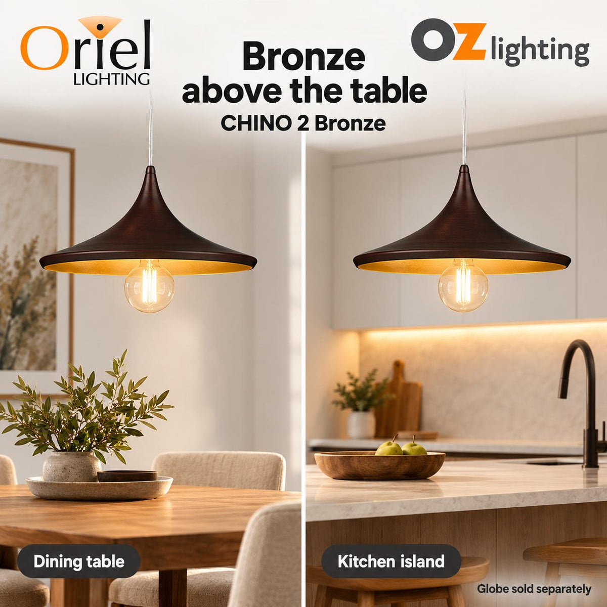 Oriel CHINO 2 Pendant - 1 Light Brushed Bronze Urban-Oriel Lighting-Ozlighting.com.au