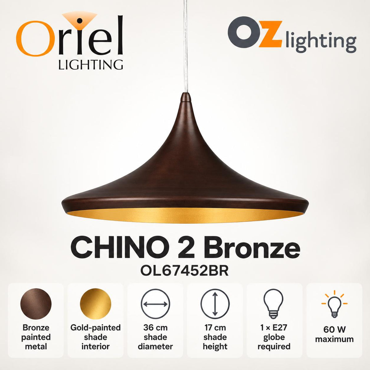Oriel CHINO 2 Pendant - 1 Light Brushed Bronze Urban-Oriel Lighting-Ozlighting.com.au