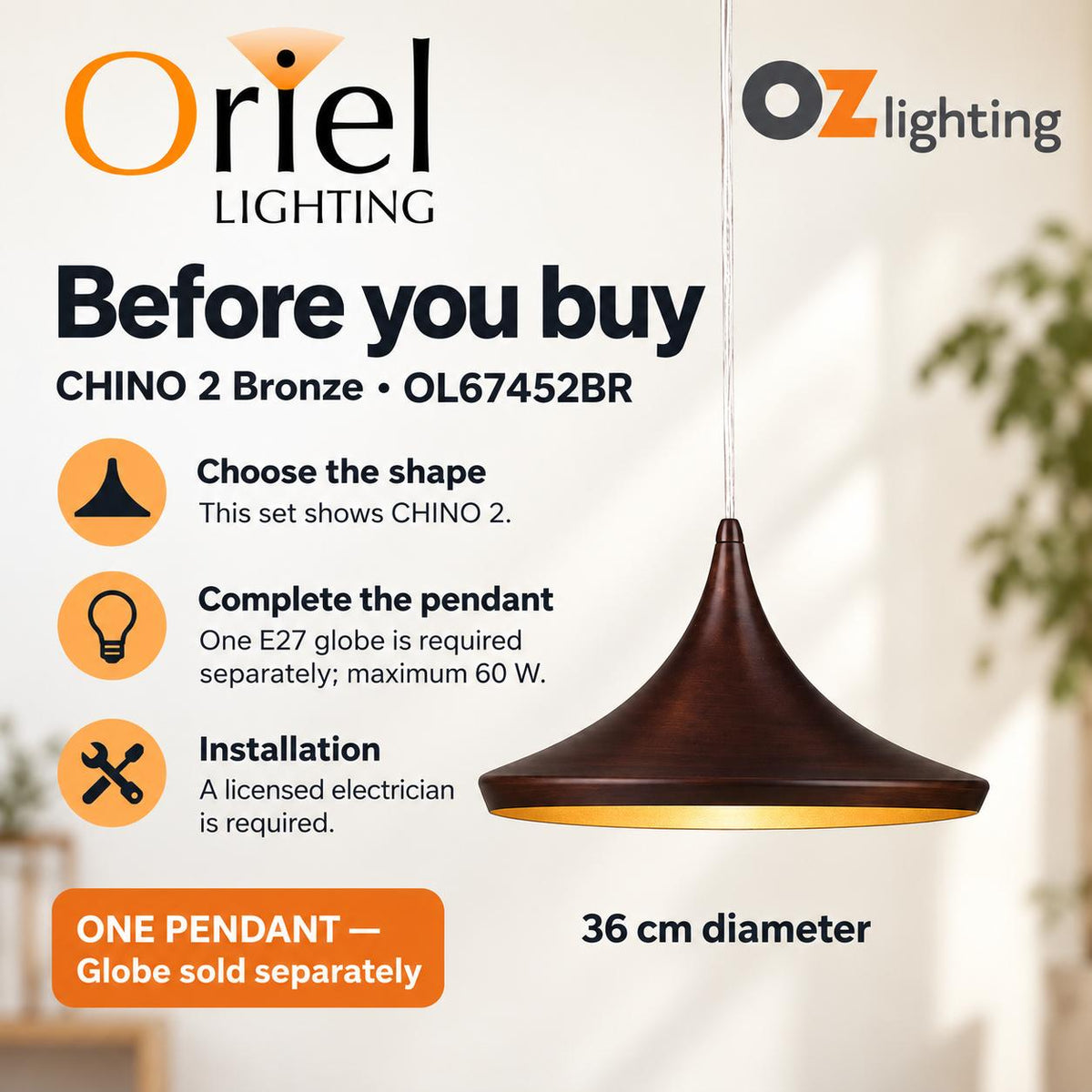 Oriel CHINO 2 Pendant - 1 Light Brushed Bronze Urban-Oriel Lighting-Ozlighting.com.au