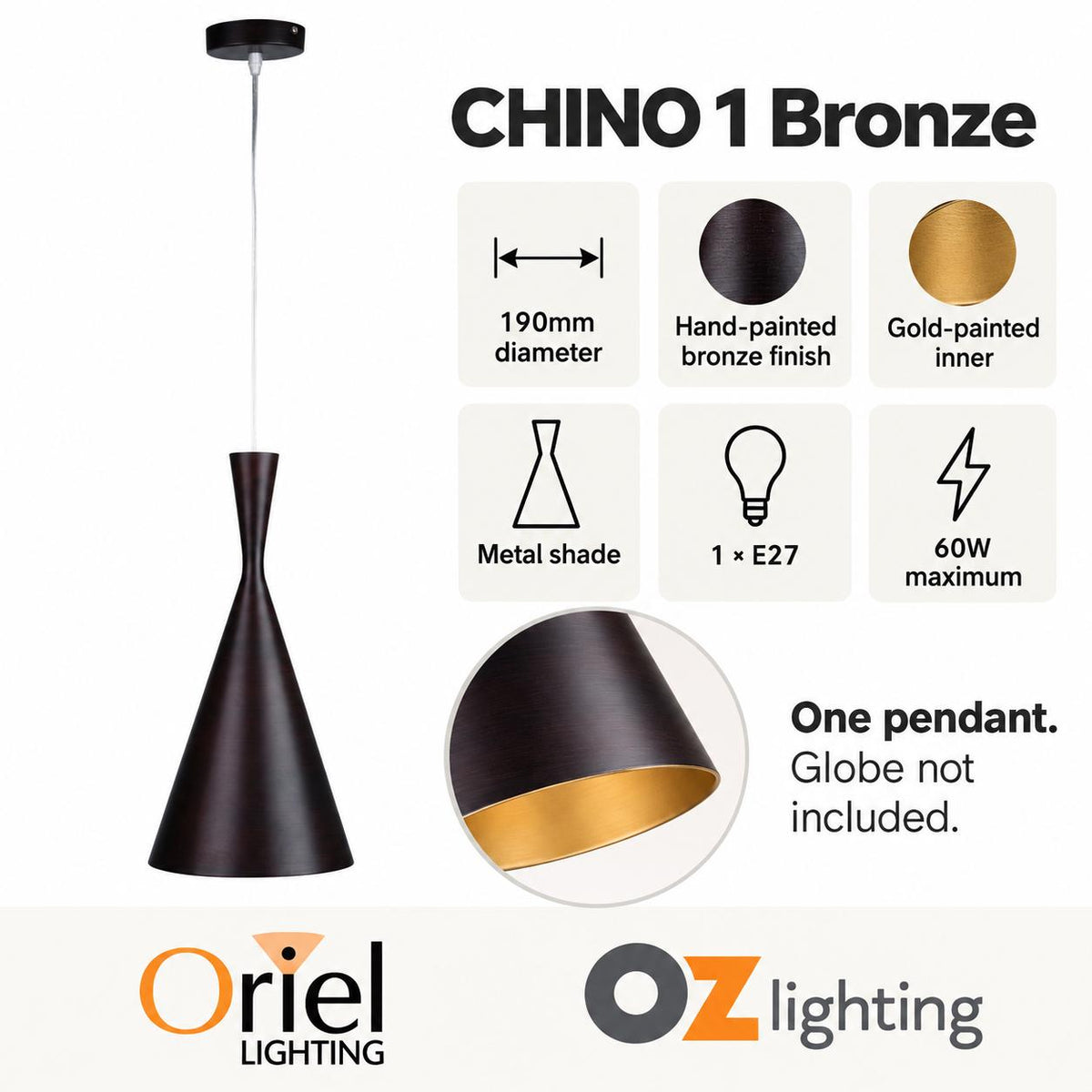 Oriel CHINO Pendant - 1 Light Brushed Bronze Urban-Oriel Lighting-Ozlighting.com.au