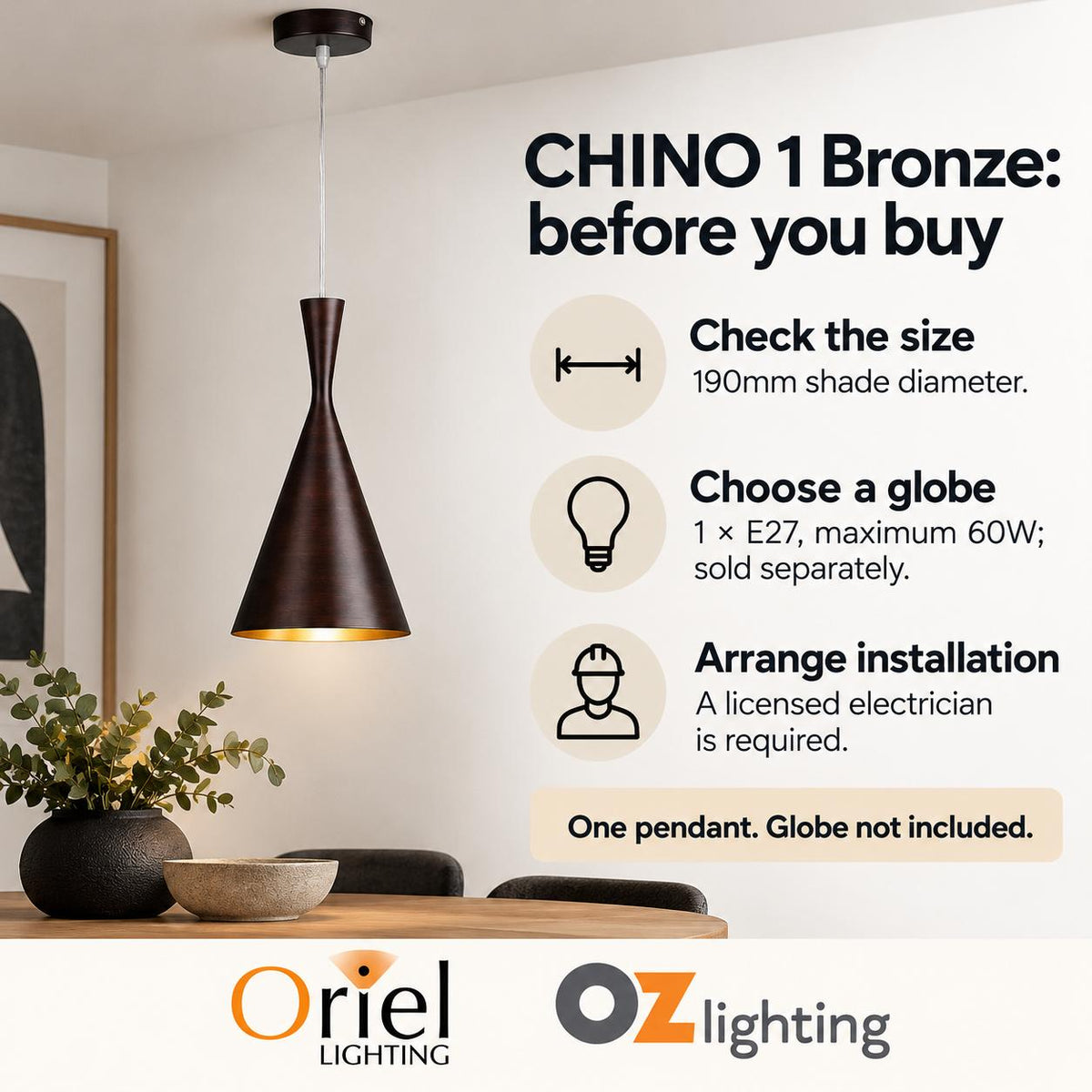 Oriel CHINO Pendant - 1 Light Brushed Bronze Urban-Oriel Lighting-Ozlighting.com.au
