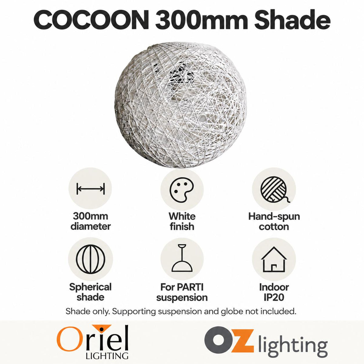 Oriel COCOON Pendant Shade - 1 Light Spun Cotton, IP20-Oriel Lighting-Ozlighting.com.au