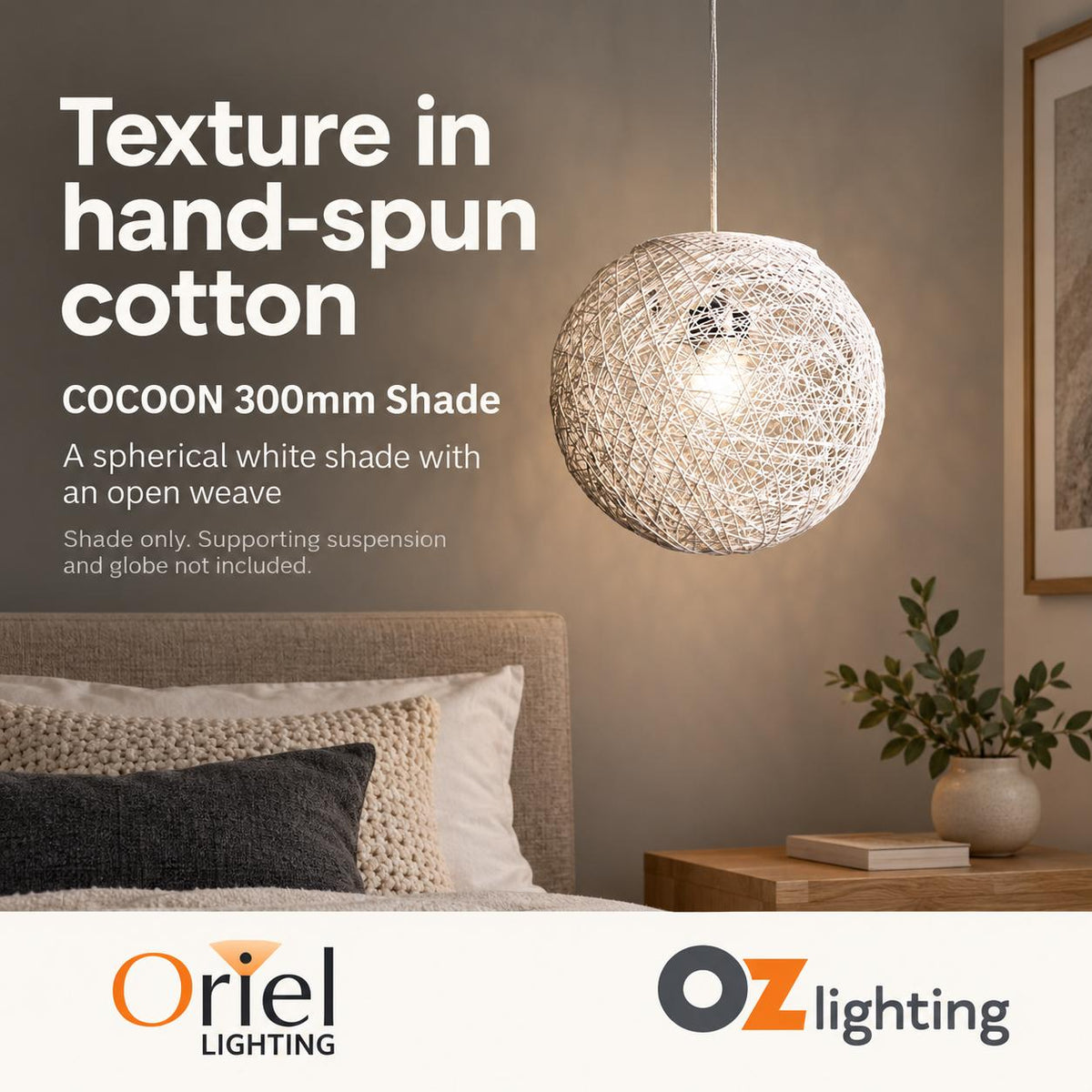 Oriel COCOON Pendant Shade - 1 Light Spun Cotton, IP20-Oriel Lighting-Ozlighting.com.au