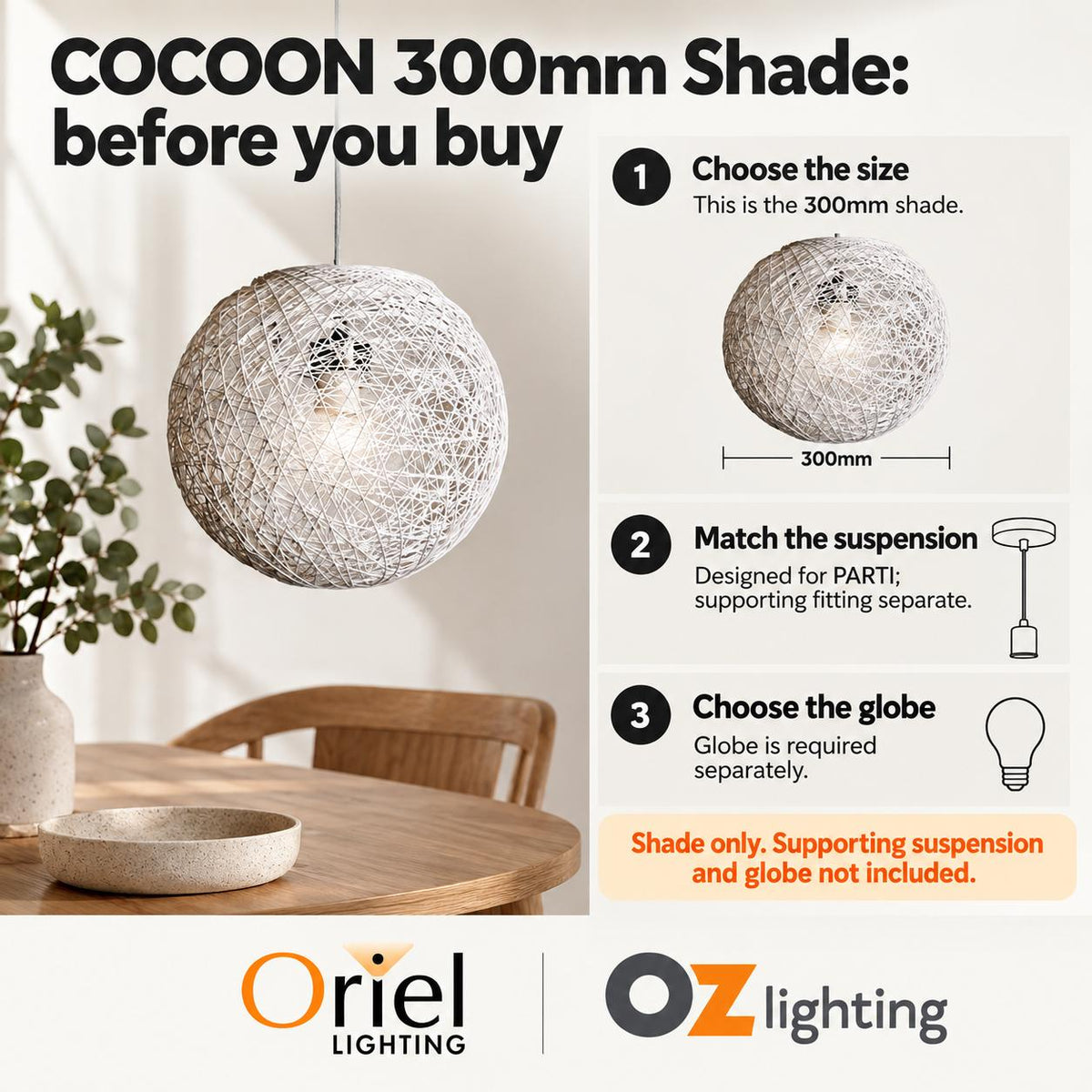 Oriel COCOON Pendant Shade - 1 Light Spun Cotton, IP20-Oriel Lighting-Ozlighting.com.au