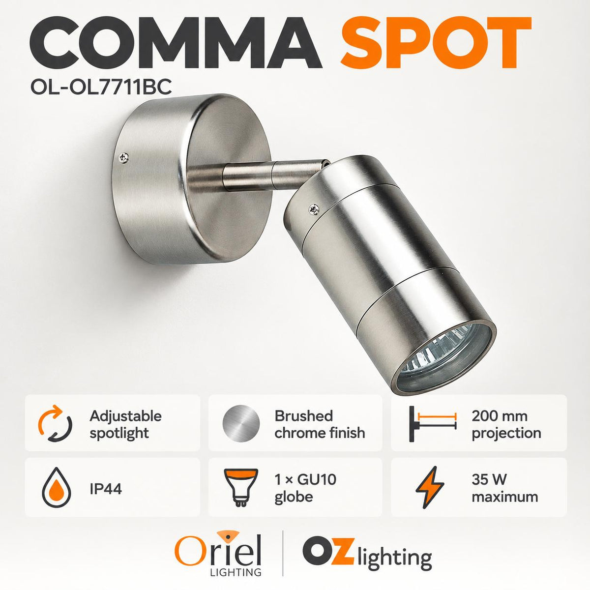 Oriel COMMA Outdoor Spotlight - 1 Light Adjustable Brushed Chrome, IP44-Oriel Lighting-Ozlighting.com.au