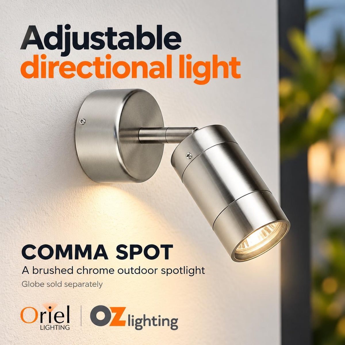 Oriel COMMA Outdoor Spotlight - 1 Light Adjustable Brushed Chrome, IP44-Oriel Lighting-Ozlighting.com.au
