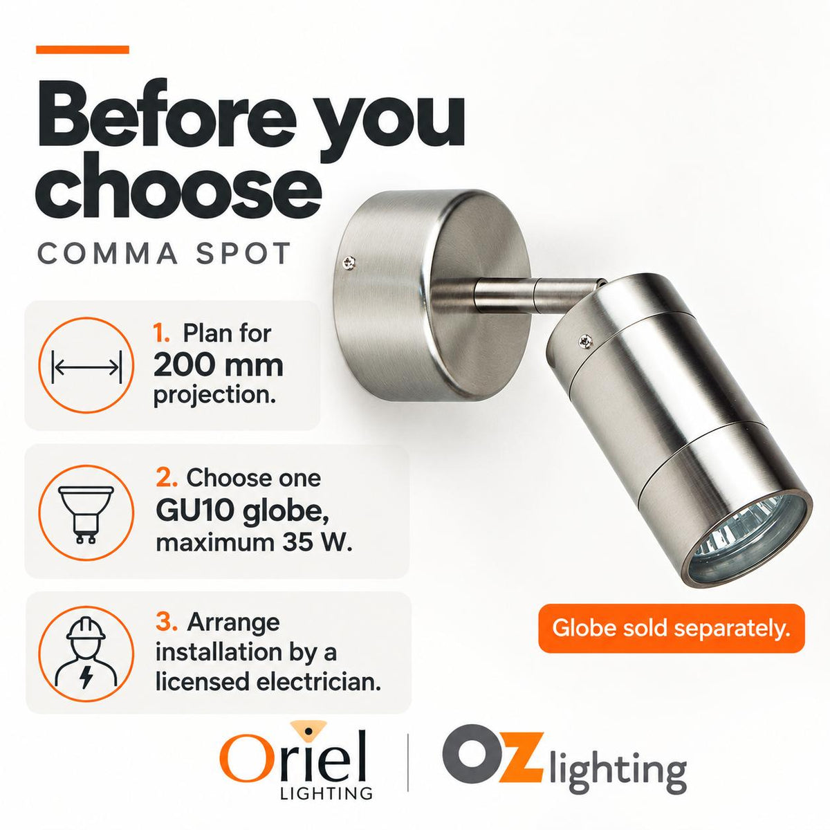 Oriel COMMA Outdoor Spotlight - 1 Light Adjustable Brushed Chrome, IP44-Oriel Lighting-Ozlighting.com.au
