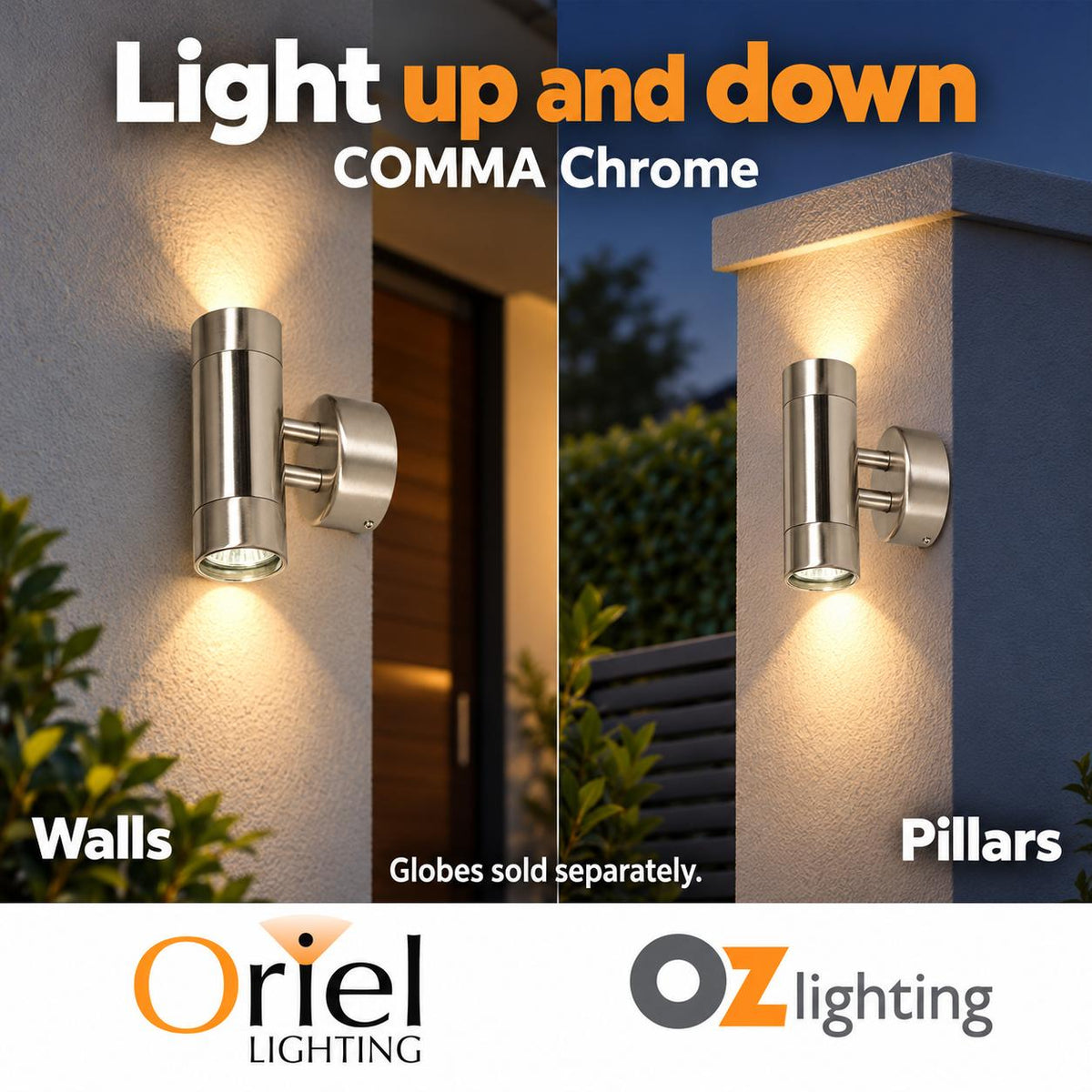 Oriel COMMA Outdoor Wall Light - 2 Light Up-Down Brushed Chrome, IP44-Oriel Lighting-Ozlighting.com.au