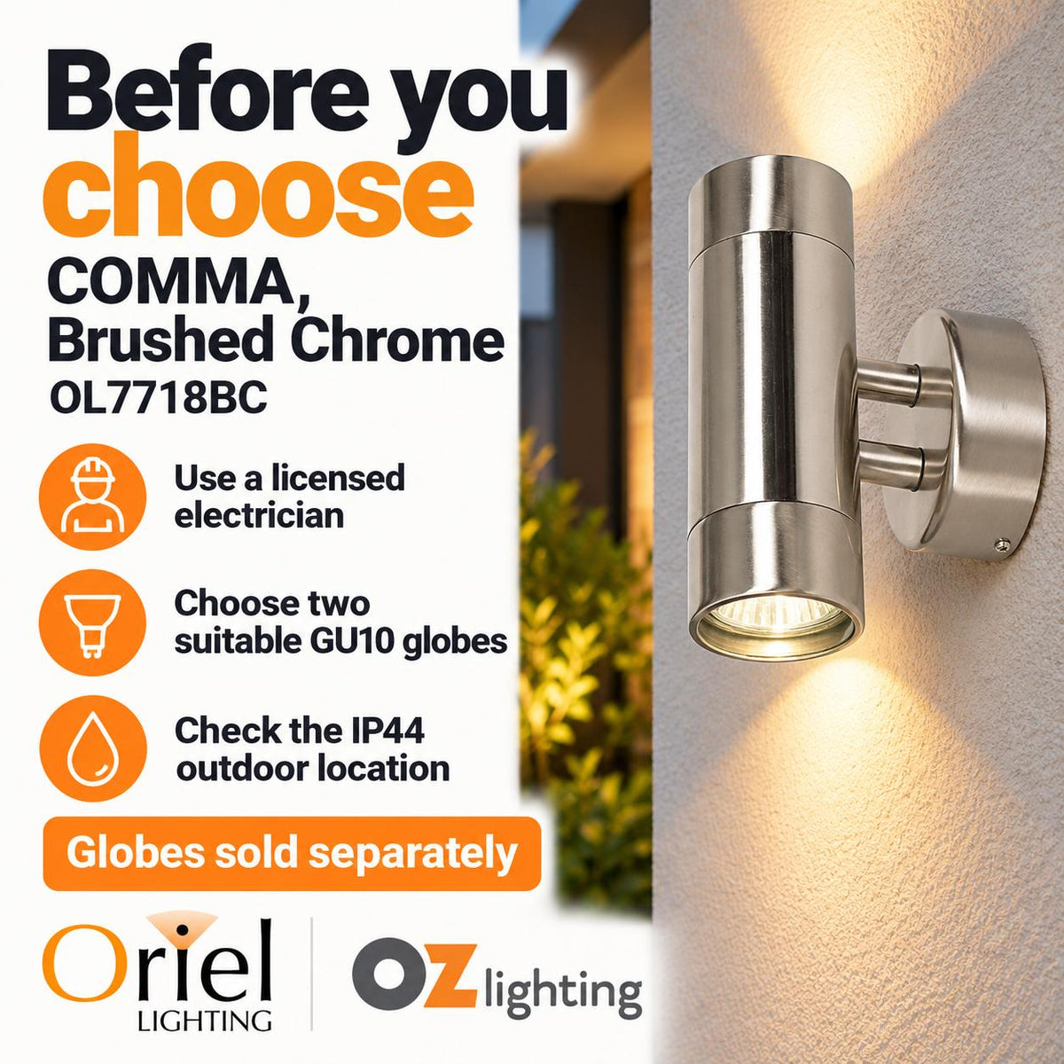 Oriel COMMA Outdoor Wall Light - 2 Light Up-Down Brushed Chrome, IP44-Oriel Lighting-Ozlighting.com.au