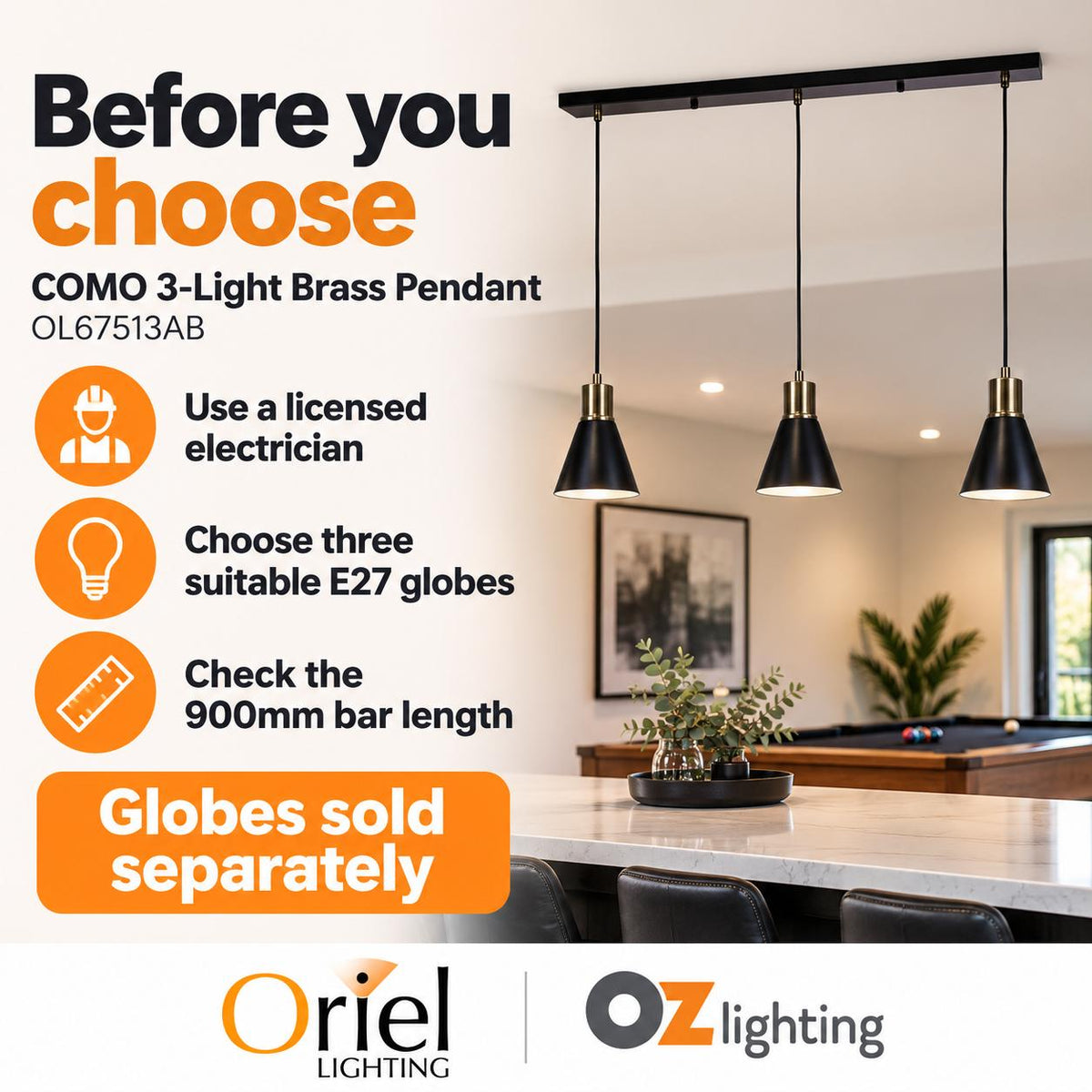 Oriel COMO Pendant - 3 Light Bar-Oriel Lighting-Ozlighting.com.au