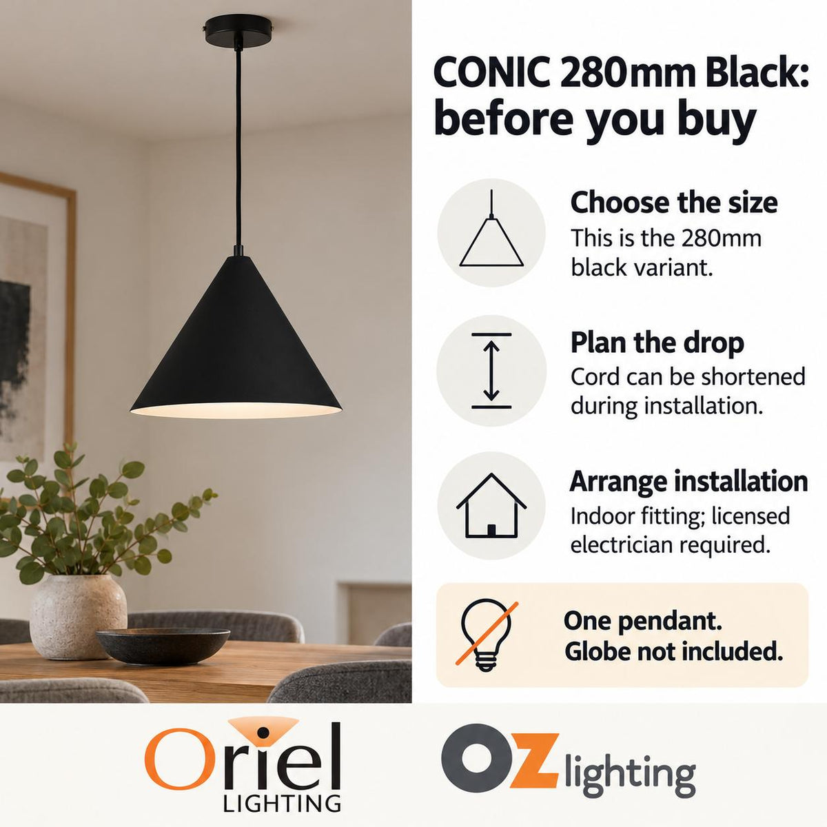 Oriel CONIC Pendant - 1 Light Stylish Conical-Oriel Lighting-Ozlighting.com.au