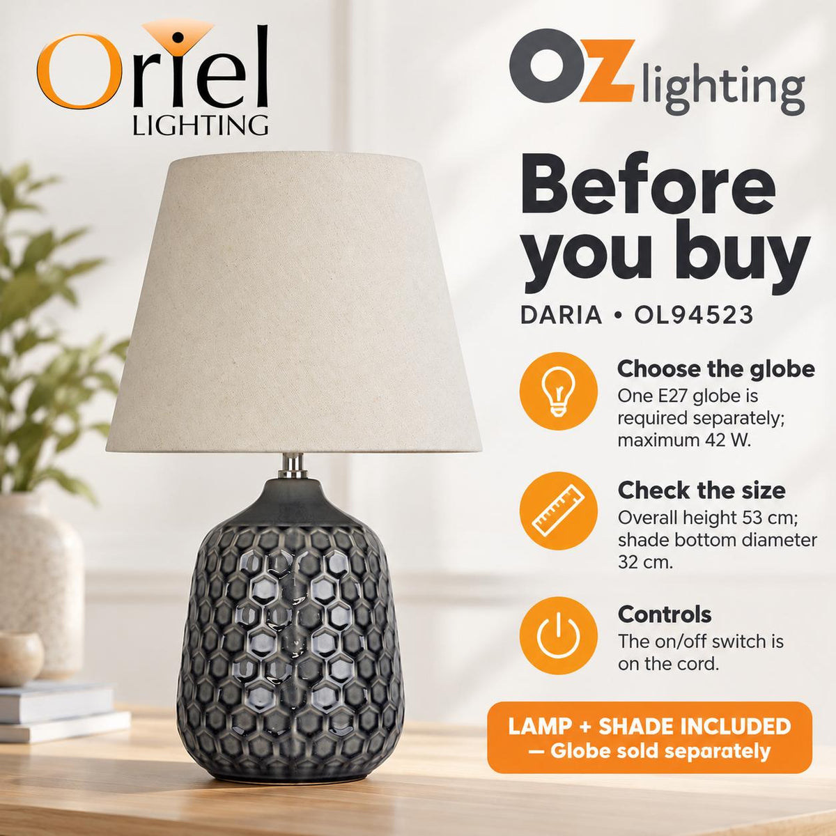 Oriel DARIA Table Lamp - Ceramic, with Shade-Oriel Lighting-Ozlighting.com.au