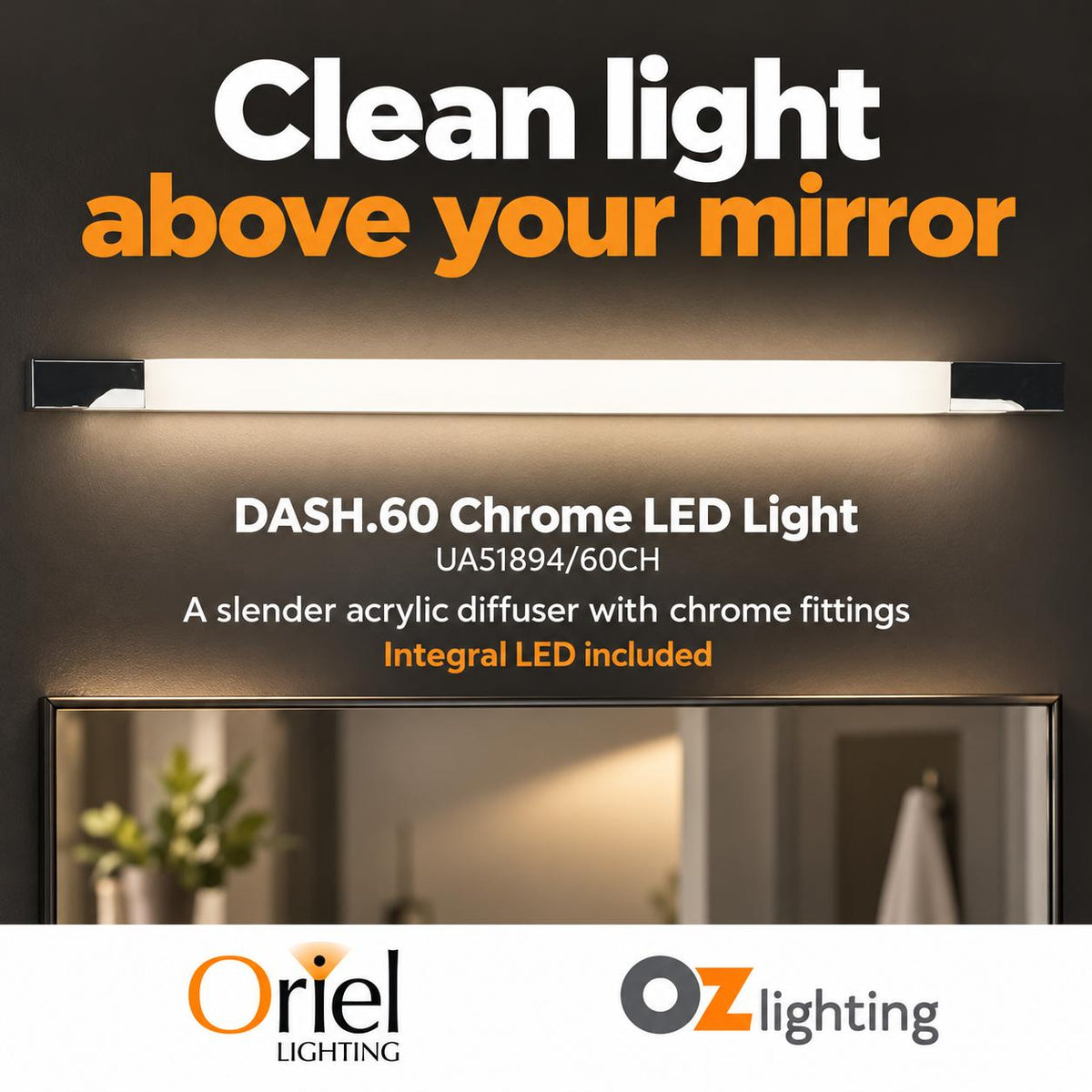 Oriel DASH LED Vanity/Picture Light - 10W/14W, 4000K, Chrome-Oriel Lighting-Ozlighting.com.au