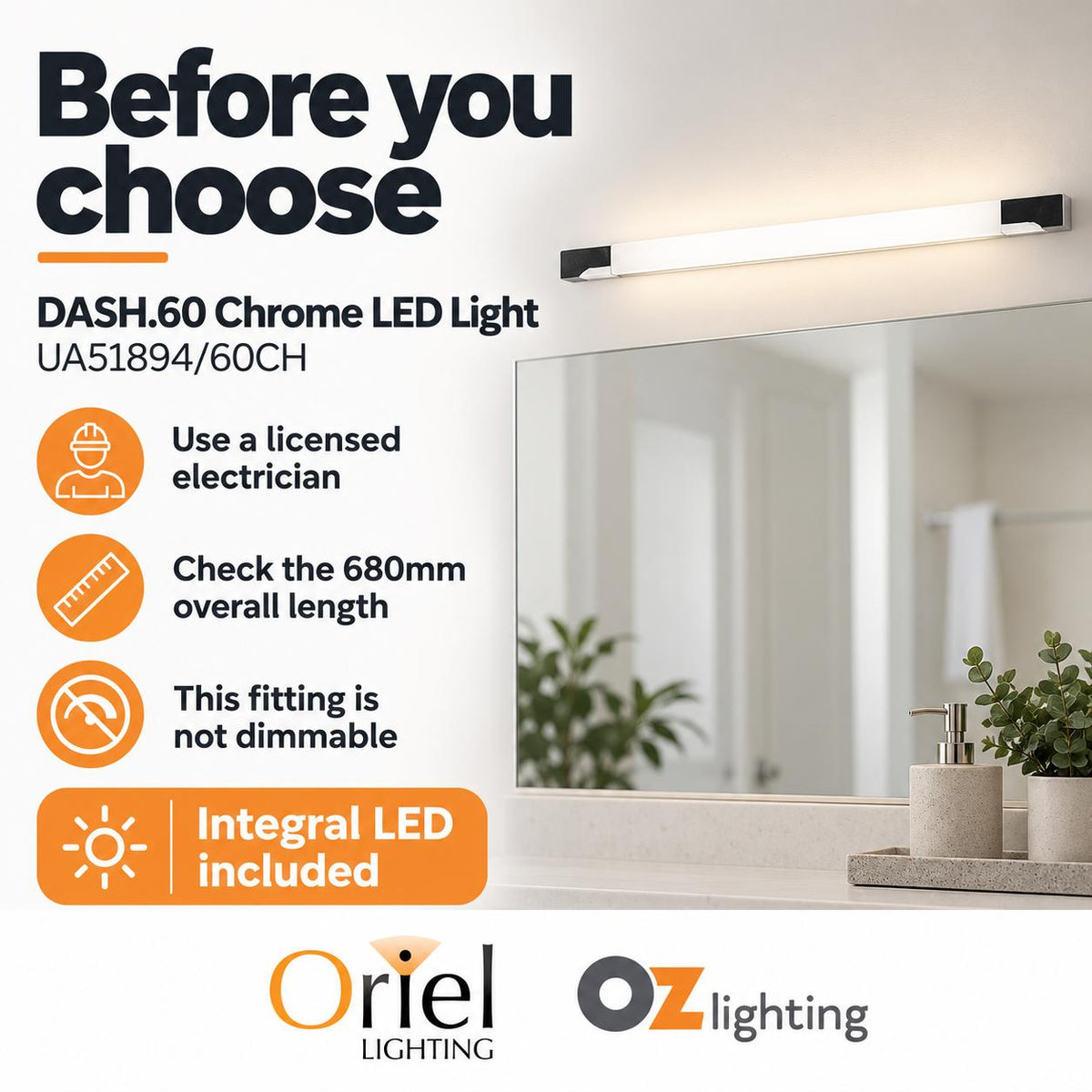 Oriel DASH LED Vanity/Picture Light - 10W/14W, 4000K, Chrome-Oriel Lighting-Ozlighting.com.au