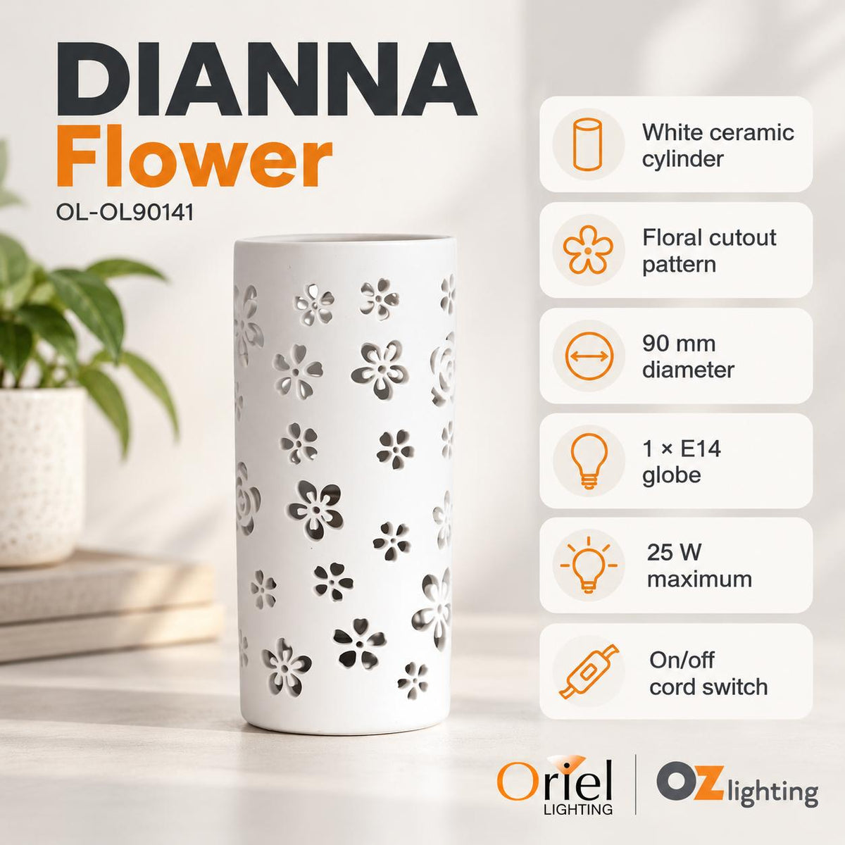 Oriel DIANNA Lamp - 25W, Ceramic, with Floral Or Astral Pattern-Oriel Lighting-Ozlighting.com.au