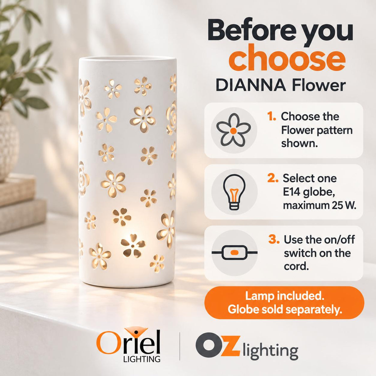 Oriel DIANNA Lamp - 25W, Ceramic, with Floral Or Astral Pattern-Oriel Lighting-Ozlighting.com.au