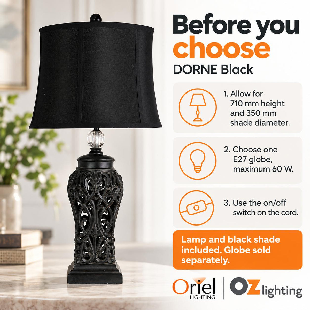 Oriel DORNE Table Lamp - Harp Shade, E27-Oriel Lighting-Ozlighting.com.au