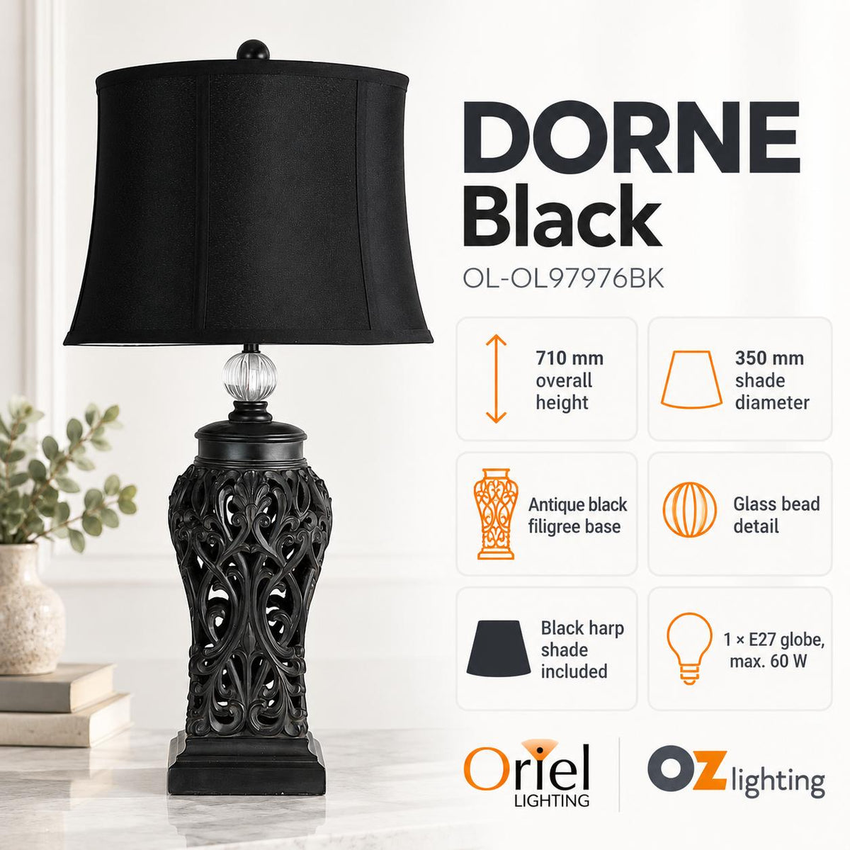 Oriel DORNE Table Lamp - Harp Shade, E27-Oriel Lighting-Ozlighting.com.au