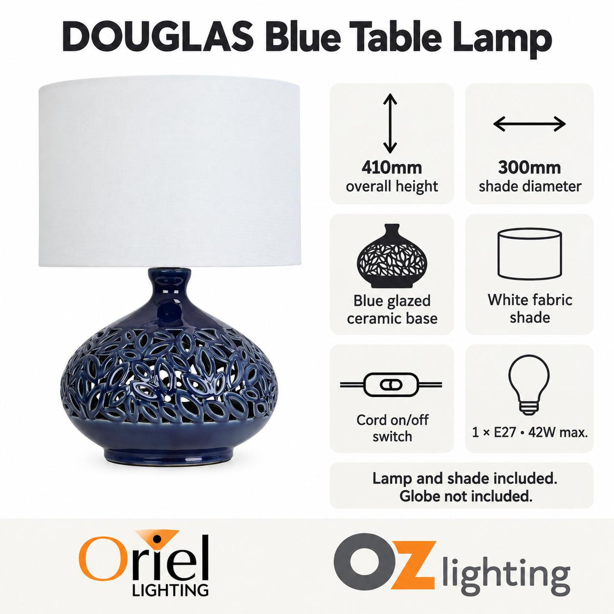Oriel DOUGLAS Table Lamp - Ceramic, with Shade-Oriel Lighting-Ozlighting.com.au