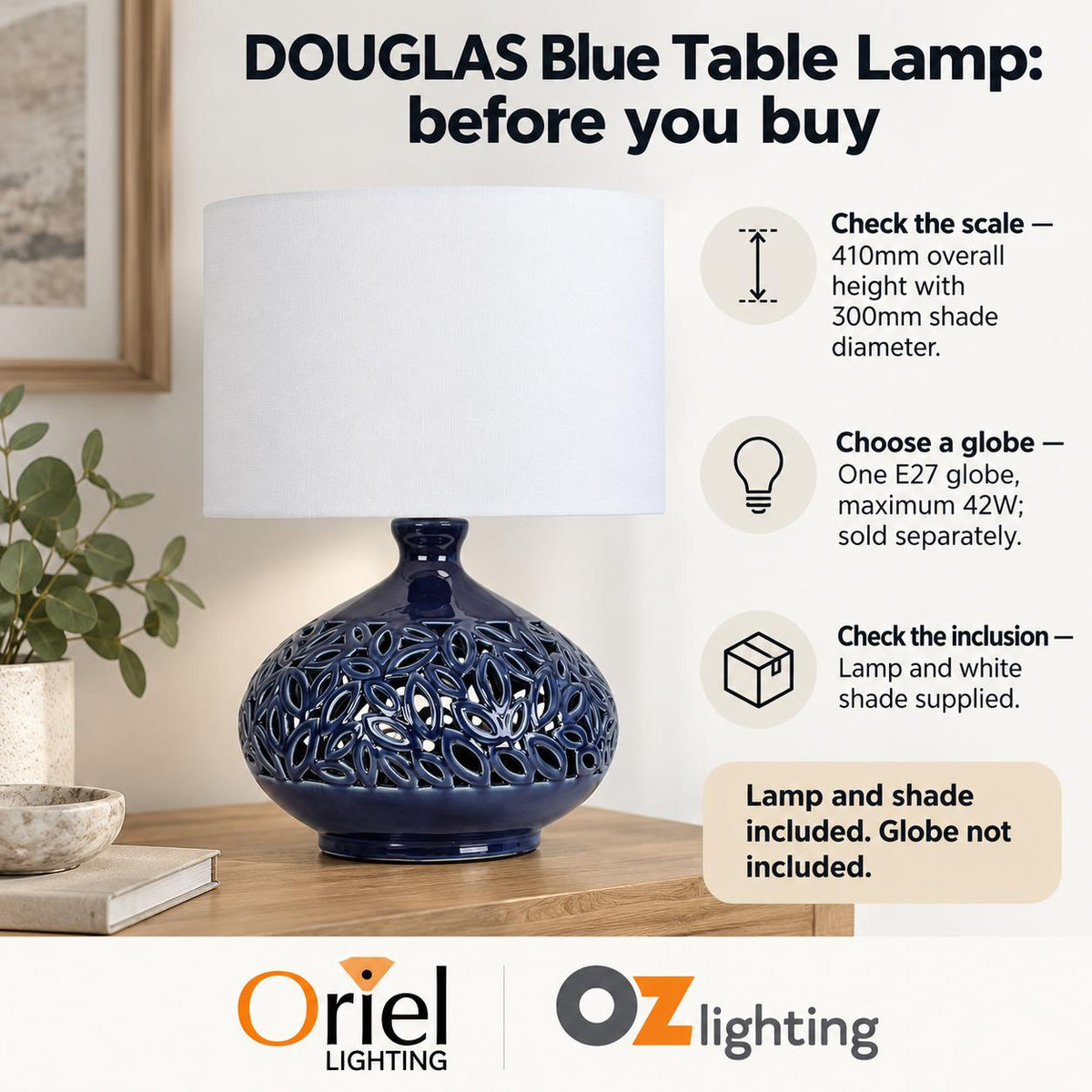 Oriel DOUGLAS Table Lamp - Ceramic, with Shade-Oriel Lighting-Ozlighting.com.au
