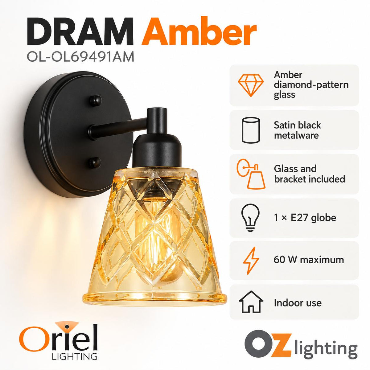 Oriel DRAM Wall Light - Cut Glass Satin Black-Oriel Lighting-Ozlighting.com.au