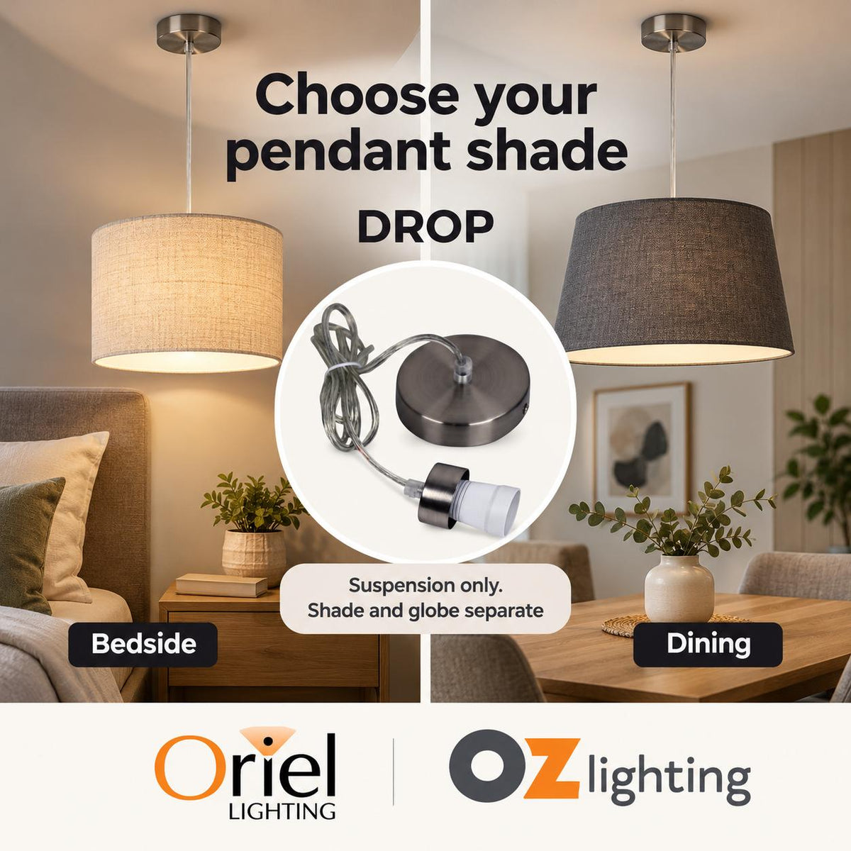 Oriel DROP Pendant - 1 Light Single Cord Suspension Cable-Oriel Lighting-Ozlighting.com.au