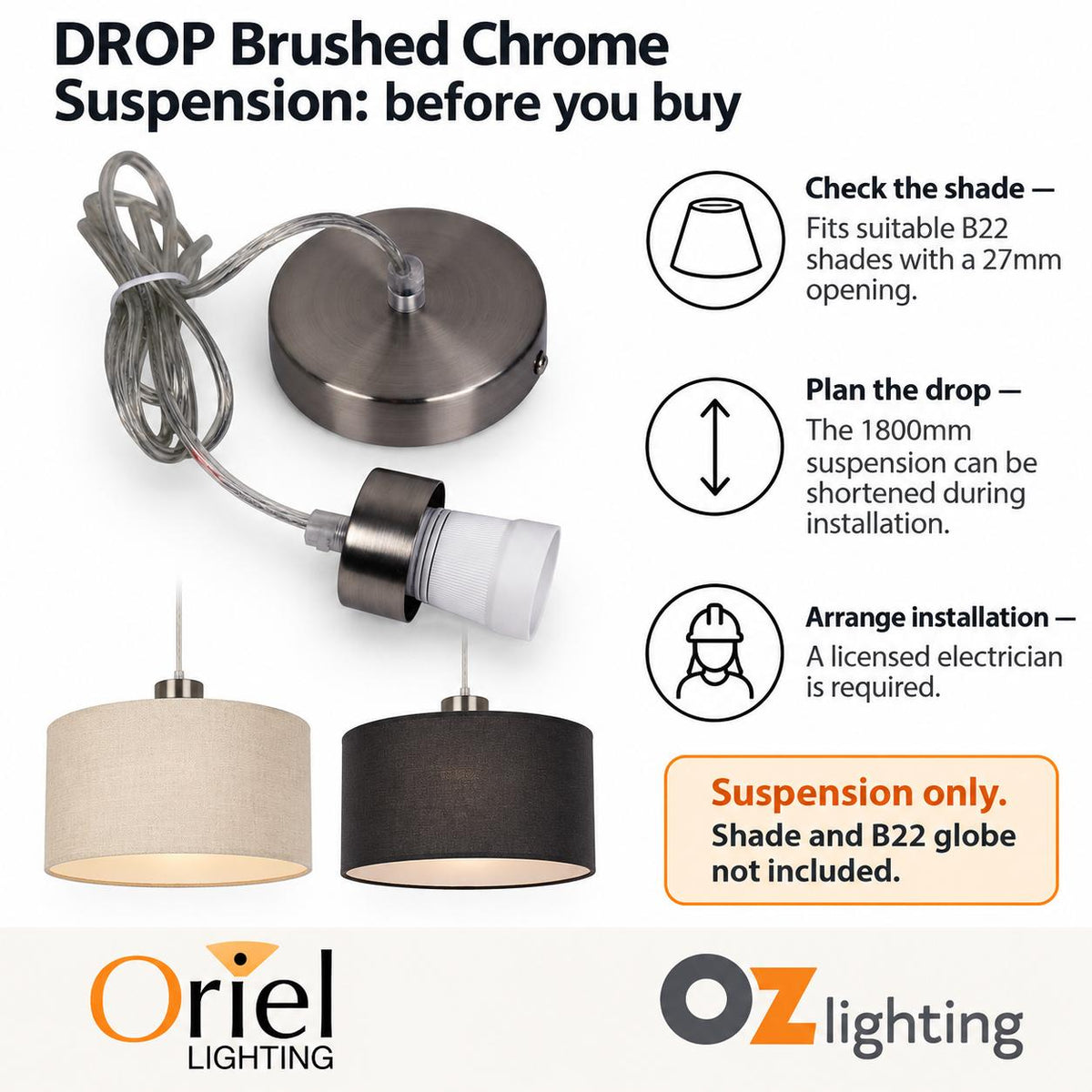Oriel DROP Pendant - 1 Light Single Cord Suspension Cable-Oriel Lighting-Ozlighting.com.au