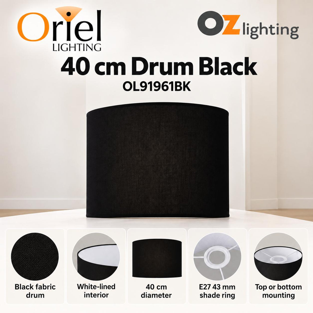 Oriel Drum Shade - 40cm-Oriel Lighting-Ozlighting.com.au