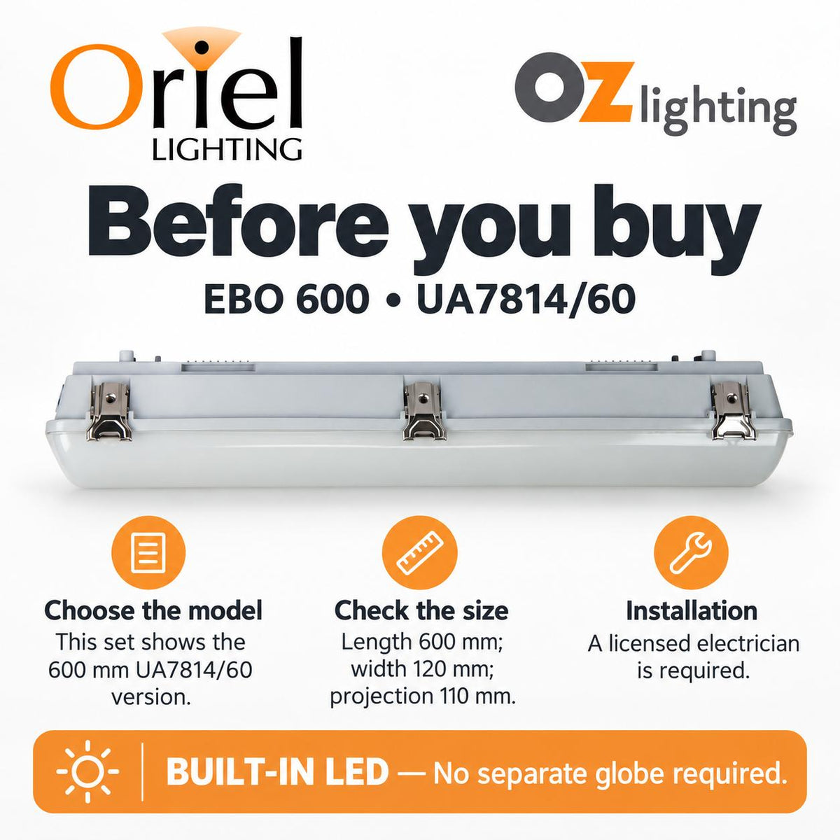 Oriel EBO Outdoor LED Batten Light - Weatherproof, IP66 4000K-Oriel Lighting-Ozlighting.com.au