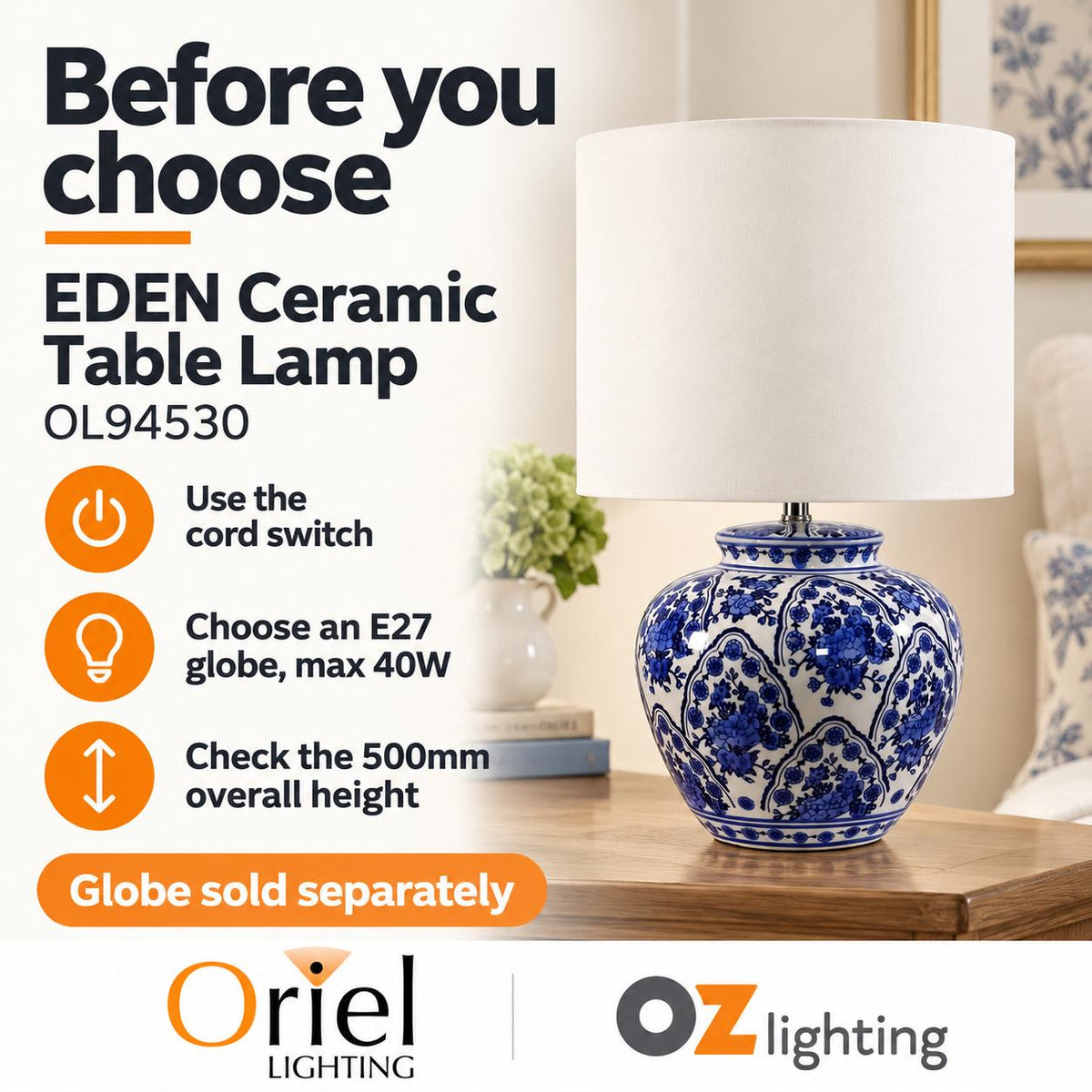 Oriel EDEN Table Lamp - Chinese Ceramic-Oriel Lighting-Ozlighting.com.au