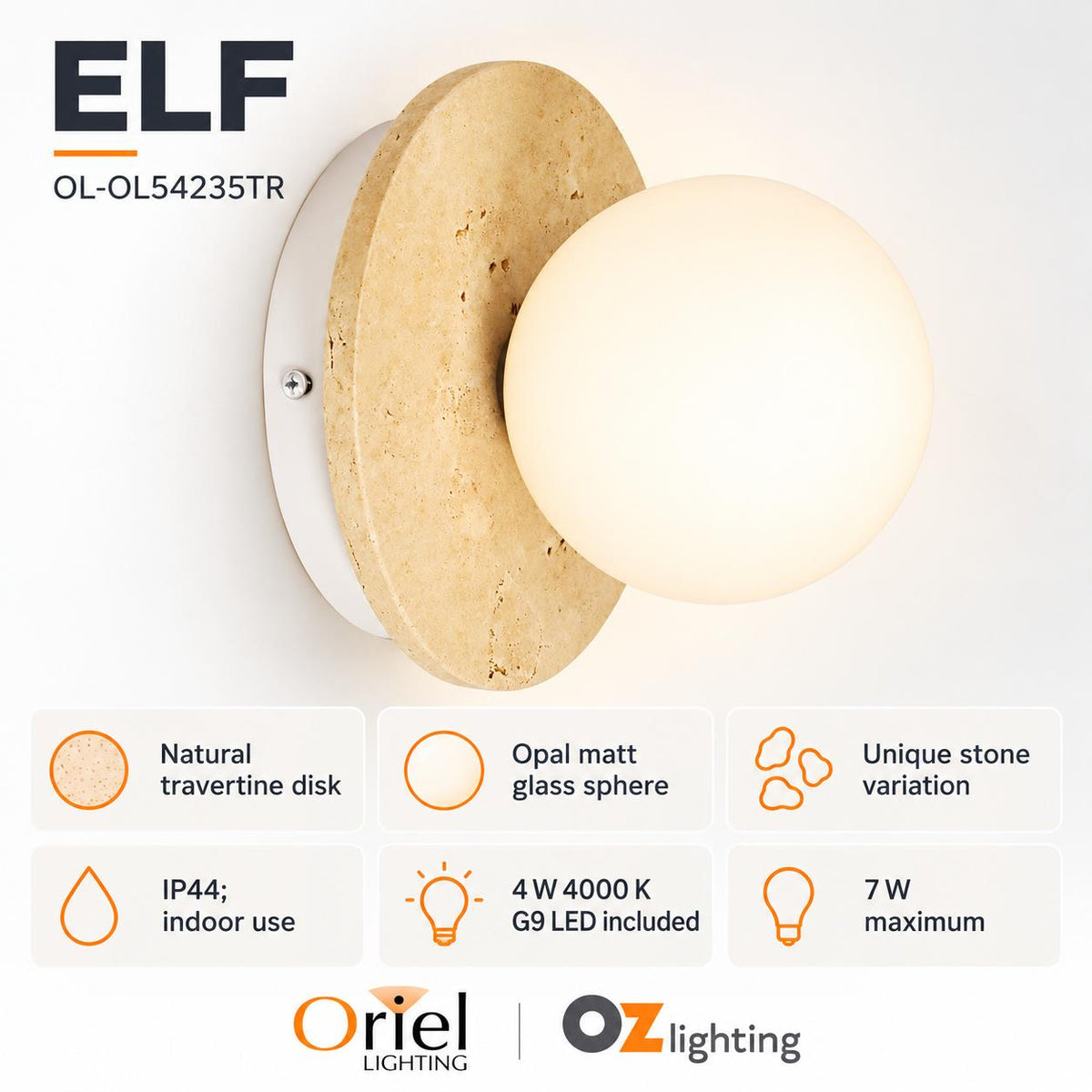 Oriel ELF Wall Light - Travertine Opal Glass-Oriel Lighting-Ozlighting.com.au