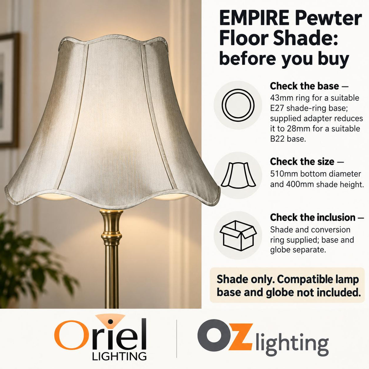 Oriel EMPIRE Lamp Shade - Large Shantung Floor-Oriel Lighting-Ozlighting.com.au