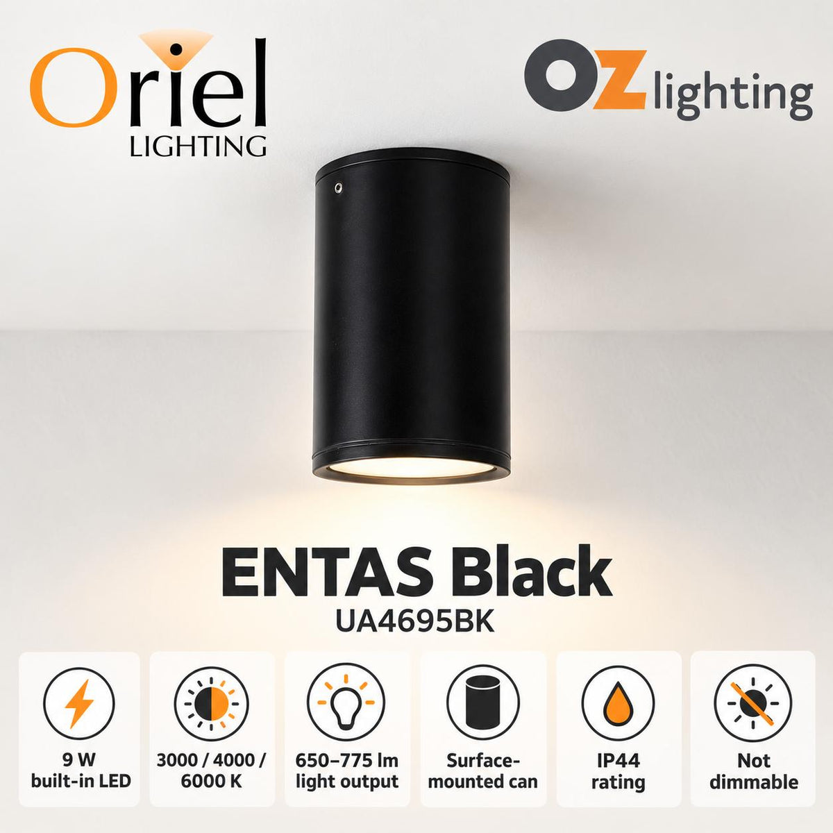 Oriel ENTAS LED Downlight - 9W, Tri-Colour Surface Mount, IP44-Oriel Lighting-Ozlighting.com.au