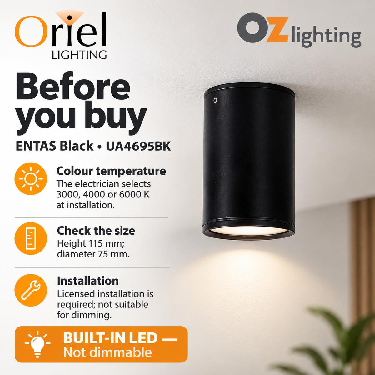 Oriel ENTAS LED Downlight - 9W, Tri-Colour Surface Mount, IP44-Oriel Lighting-Ozlighting.com.au