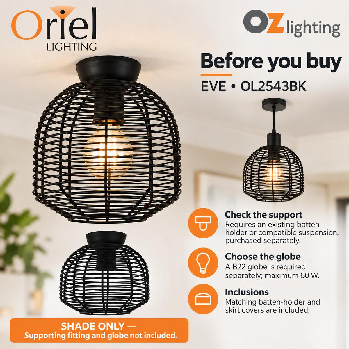 Oriel EVE DIY Batten Fix - Holder Cover Wire Retro Industrial Ceiling Light Shade Only-Oriel Lighting-Ozlighting.com.au