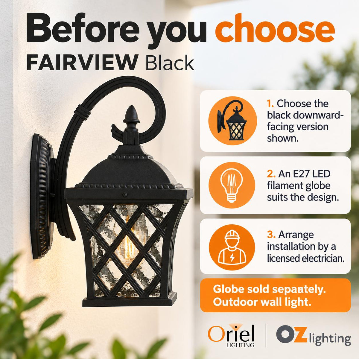 Oriel FAIRVIEW Outdoor Wall Light - 1 Light Downward Coach, IP44-Oriel Lighting-Ozlighting.com.au