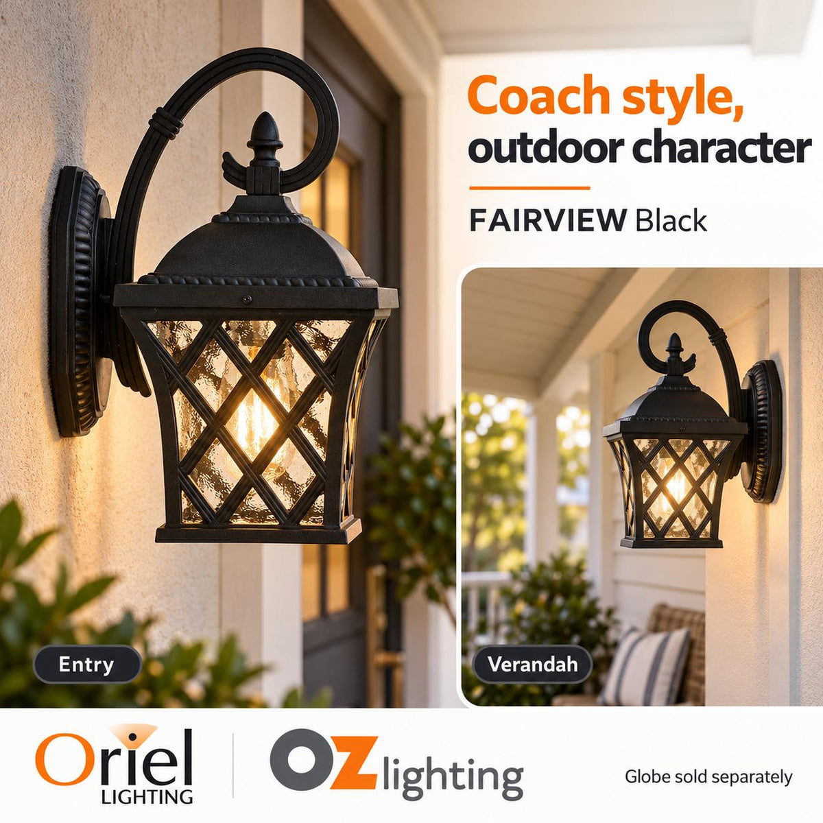 Oriel FAIRVIEW Outdoor Wall Light - 1 Light Downward Coach, IP44-Oriel Lighting-Ozlighting.com.au