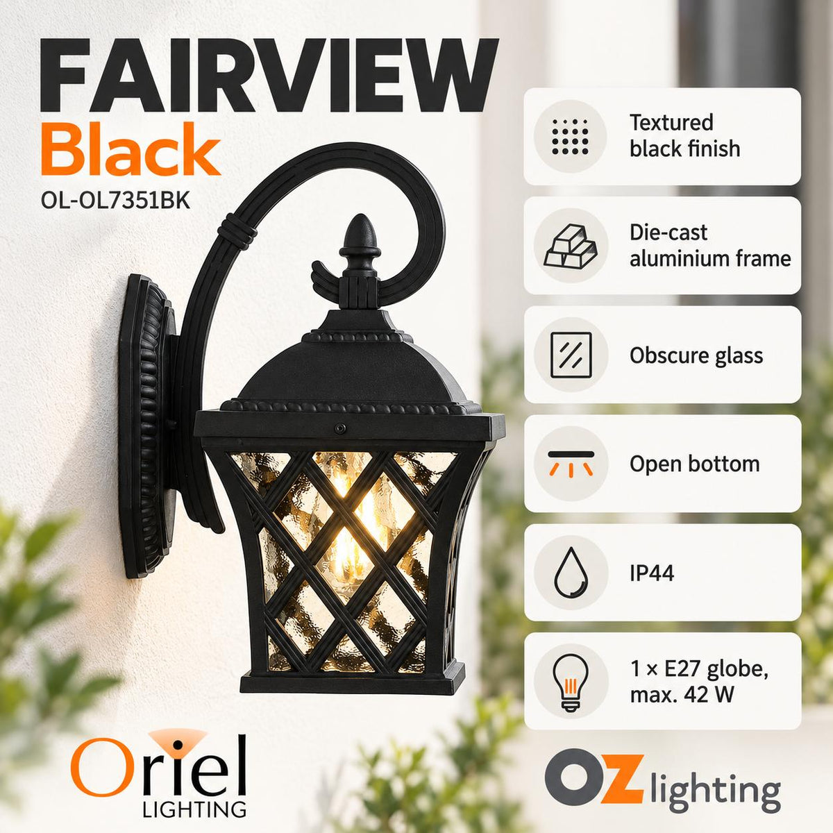 Oriel FAIRVIEW Outdoor Wall Light - 1 Light Downward Coach, IP44-Oriel Lighting-Ozlighting.com.au