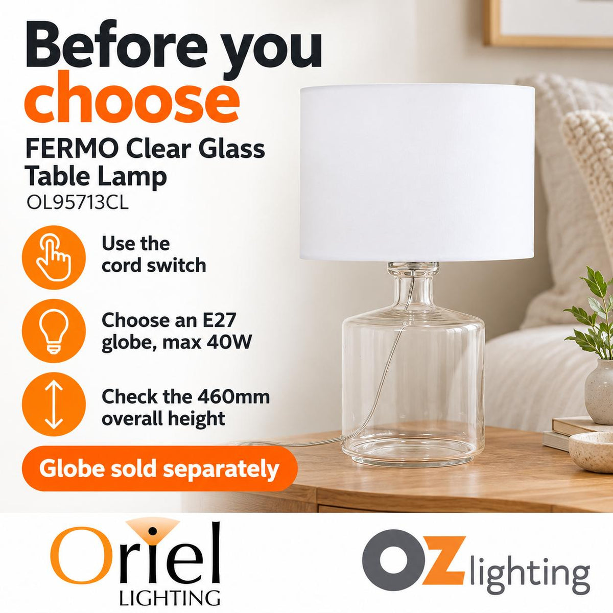 Oriel FERMO Table Lamp - Clear Glass-Oriel Lighting-Ozlighting.com.au