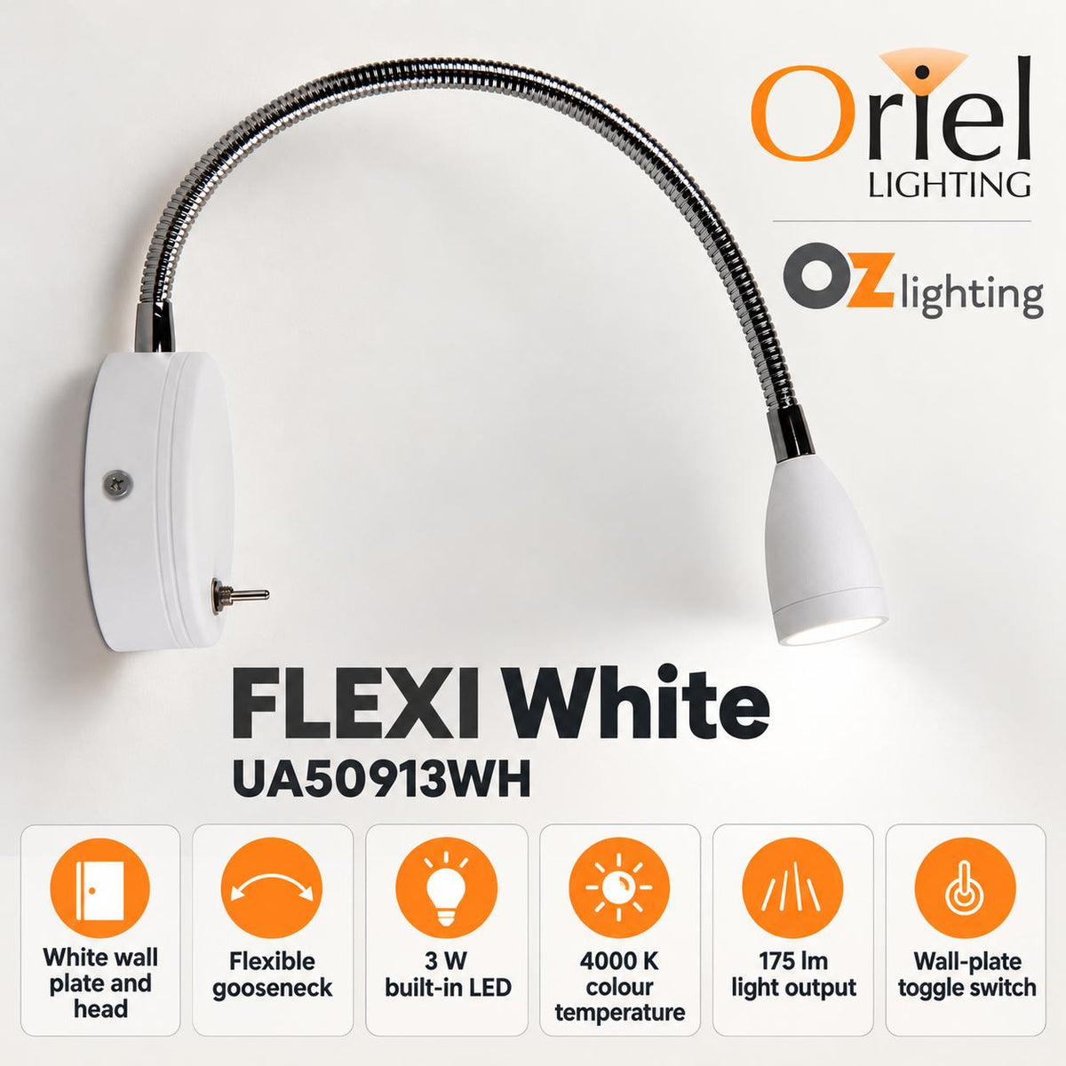 Oriel FLEXI LED Wall Light - 3W, Switched Flexible Interior, 4000K-Oriel Lighting-Ozlighting.com.au
