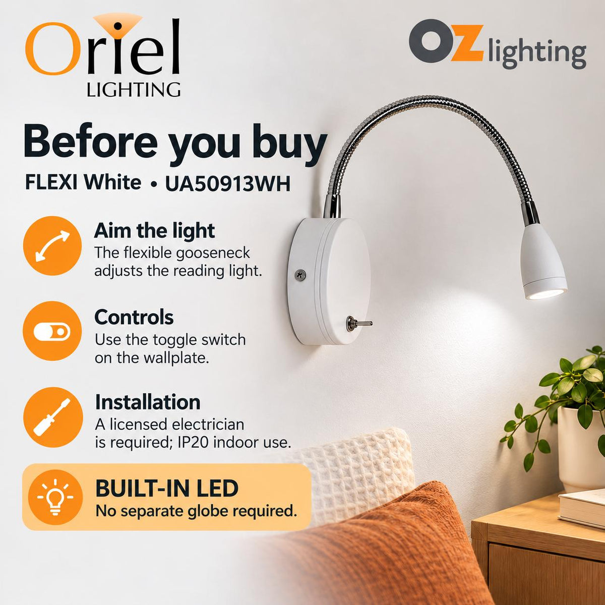 Oriel FLEXI LED Wall Light - 3W, Switched Flexible Interior, 4000K-Oriel Lighting-Ozlighting.com.au