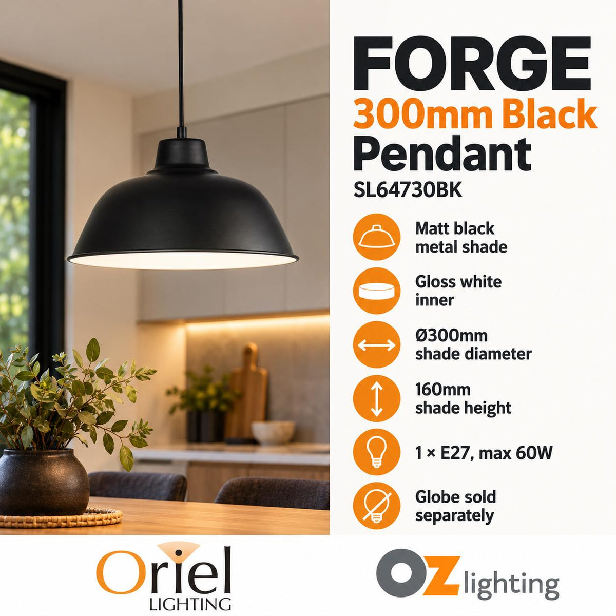 Oriel FORGE Pendant - 1 Light Retro Industrial-Oriel Lighting-Ozlighting.com.au