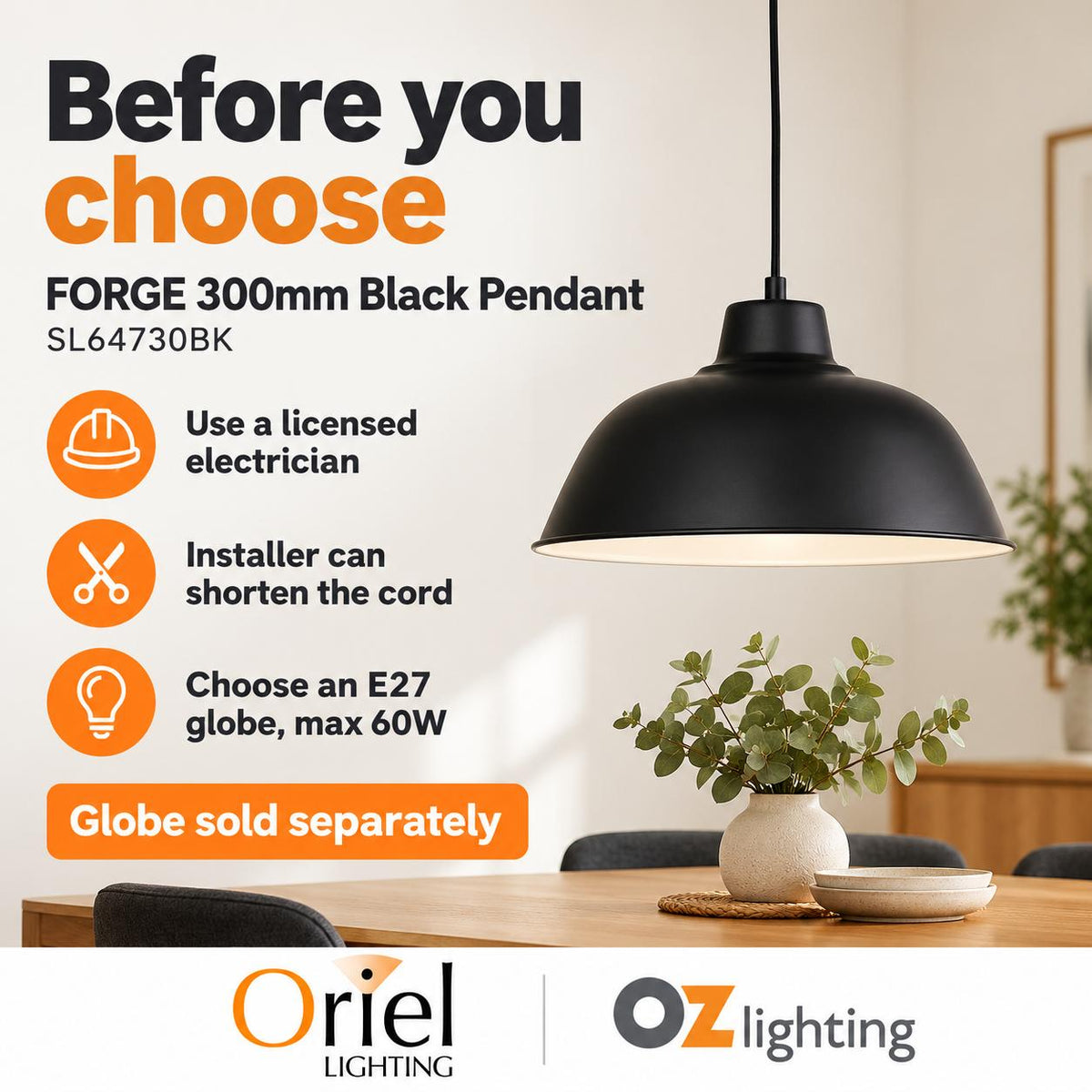 Oriel FORGE Pendant - 1 Light Retro Industrial-Oriel Lighting-Ozlighting.com.au