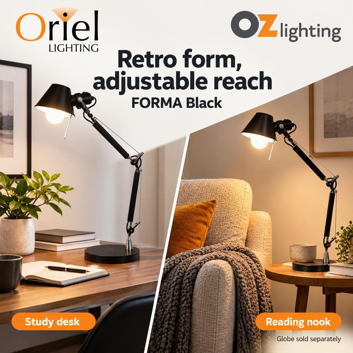 Oriel FORMA Desk & Table Lamp - Retro Styled Adjustable-Oriel Lighting-Ozlighting.com.au