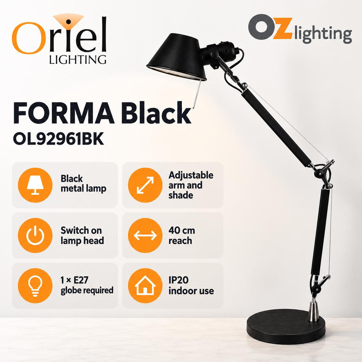 Oriel FORMA Desk & Table Lamp - Retro Styled Adjustable-Oriel Lighting-Ozlighting.com.au